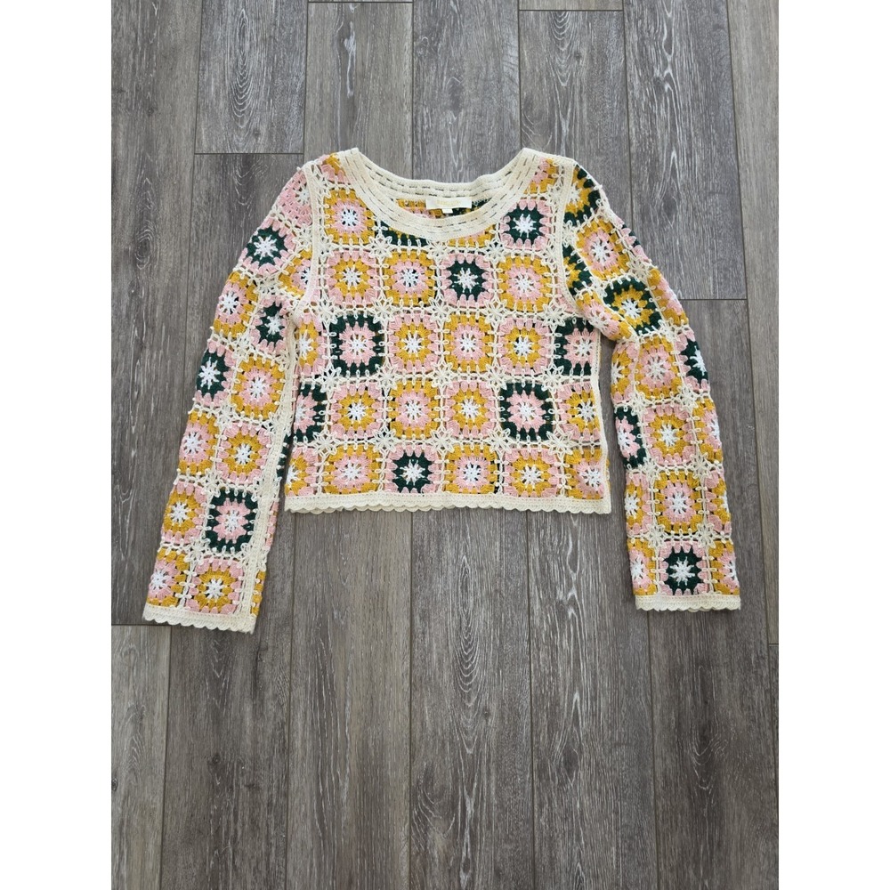 Crochet Granny Square Sweater‎ Women's Small Boho Festival Cottagecore 70s Retro
